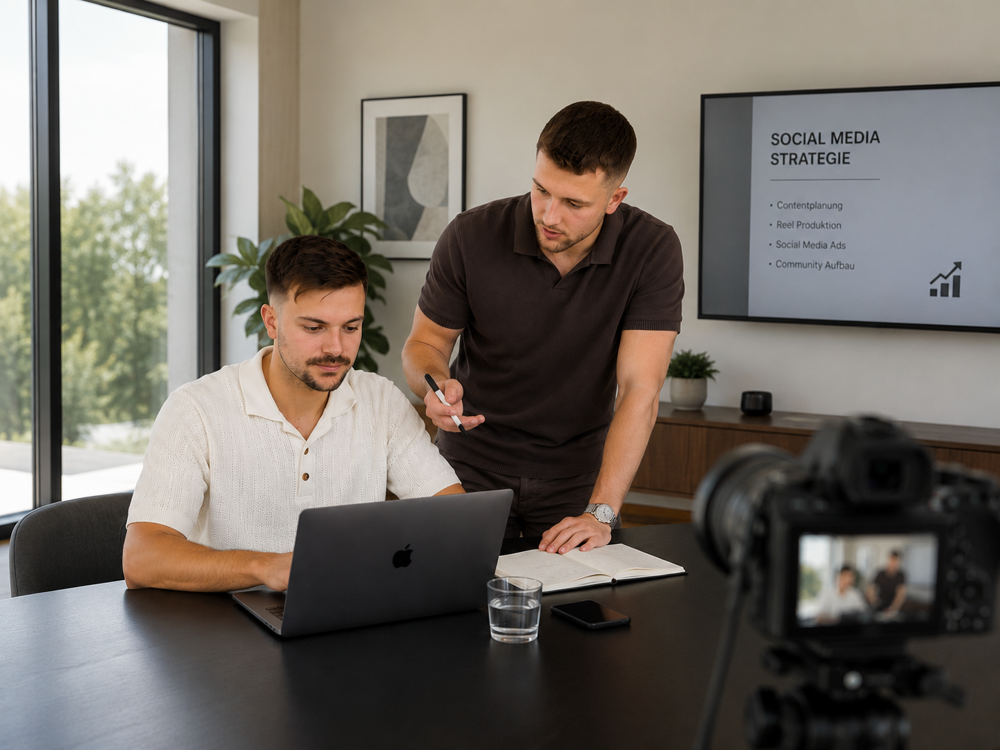Zwei Personen besprechen die Social-Media-Strategie am Laptop